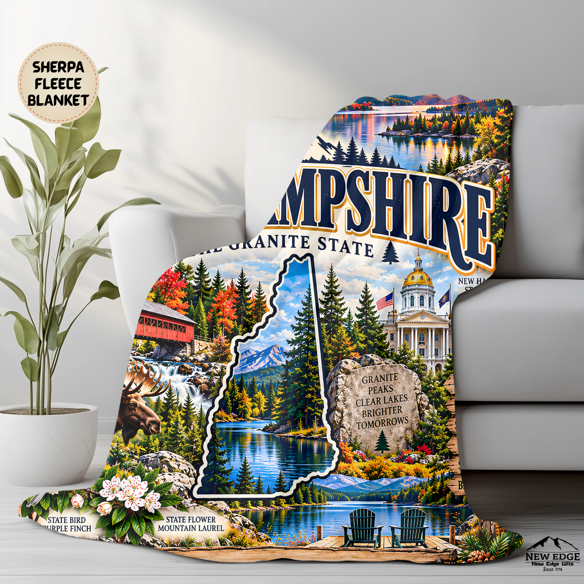 New Hampshire Personalized Sherpa Blanket, Granite State Mountains Moose Custom Family Name Gift