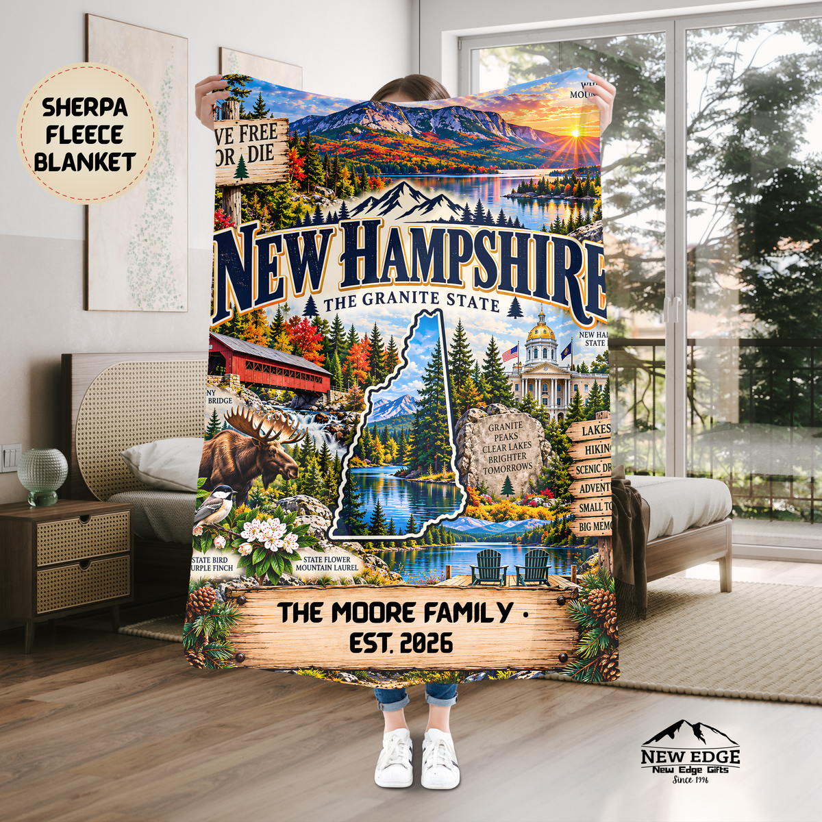 New Hampshire Personalized Sherpa Blanket, Granite State Mountains Moose Custom Family Name Gift