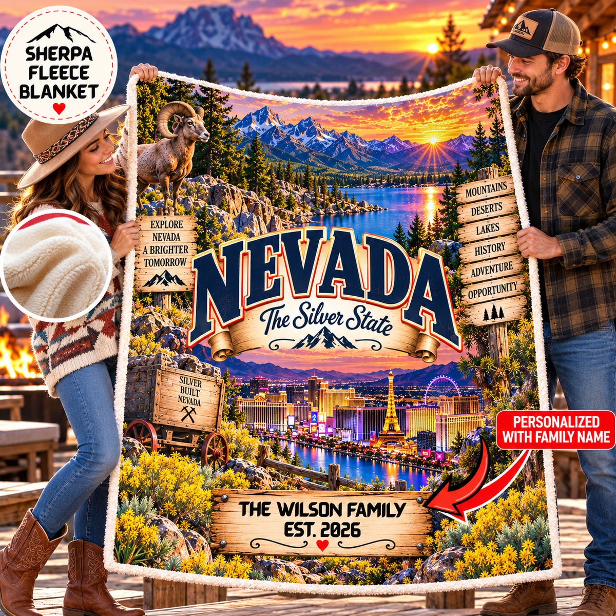 Nevada Personalized Sherpa Fleece Blanket, Silver State Desert Adventure Landmarks Custom Family Name Gift