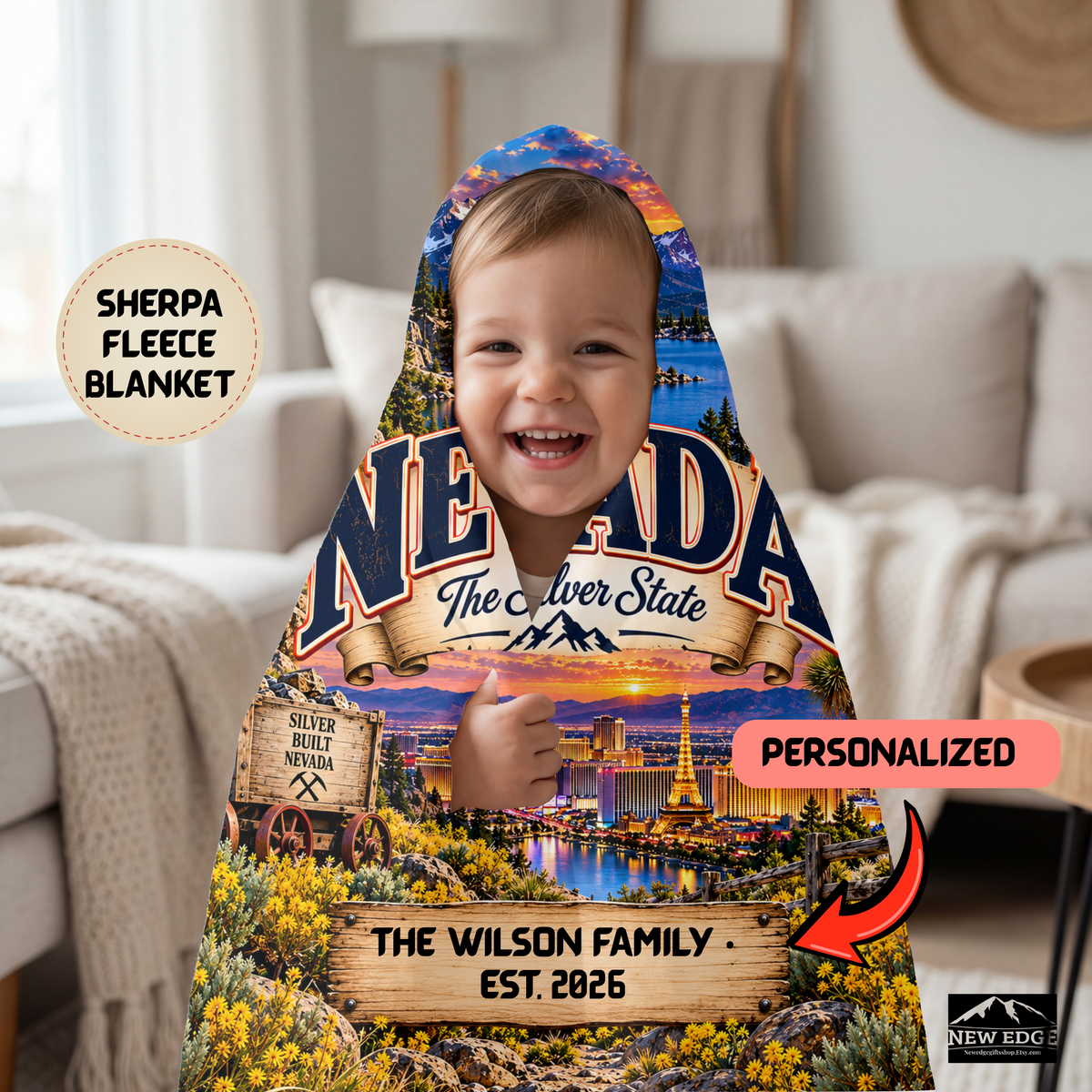 Nevada Personalized Sherpa Fleece Blanket, Silver State Desert Adventure Landmarks Custom Family Name Gift