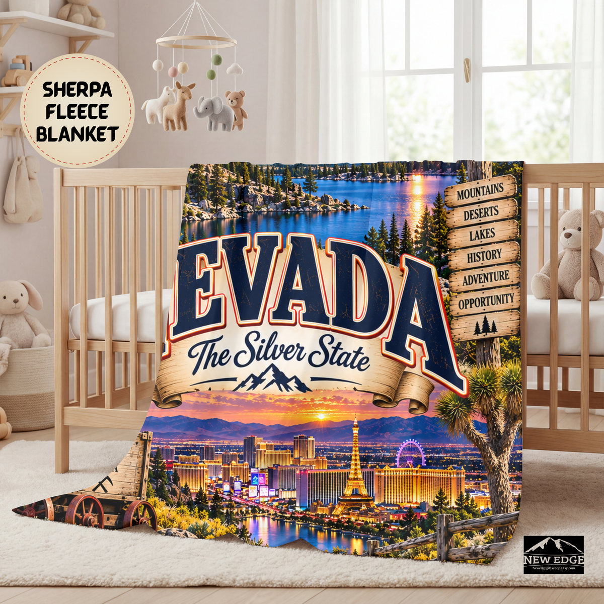 Nevada Personalized Sherpa Fleece Blanket, Silver State Desert Adventure Landmarks Custom Family Name Gift