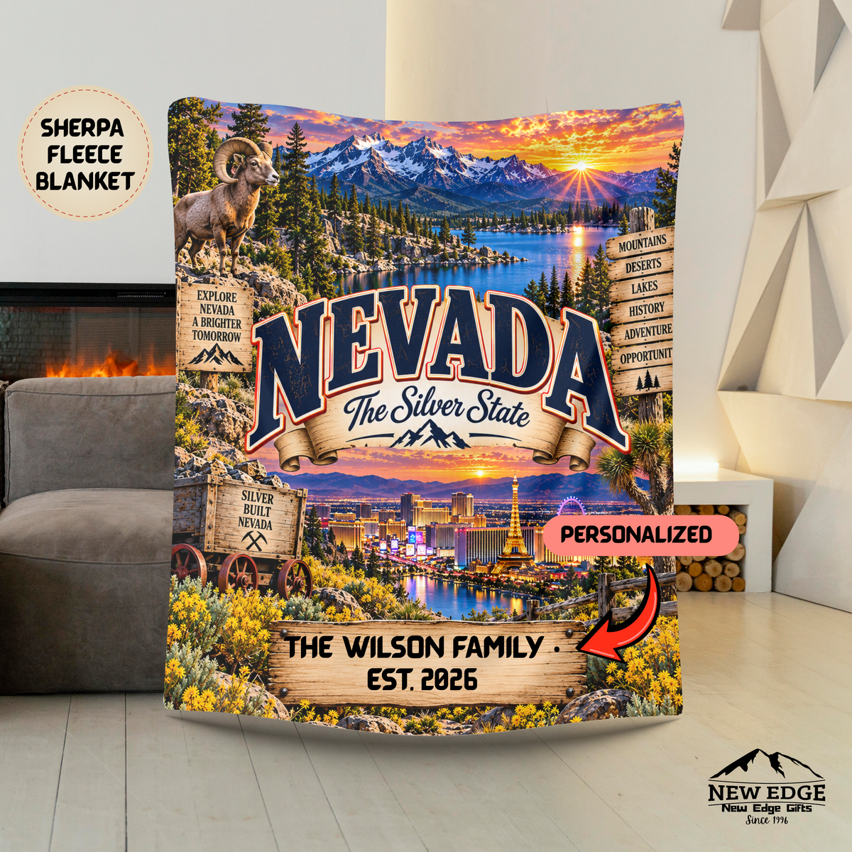 Nevada Personalized Sherpa Fleece Blanket, Silver State Desert Adventure Landmarks Custom Family Name Gift