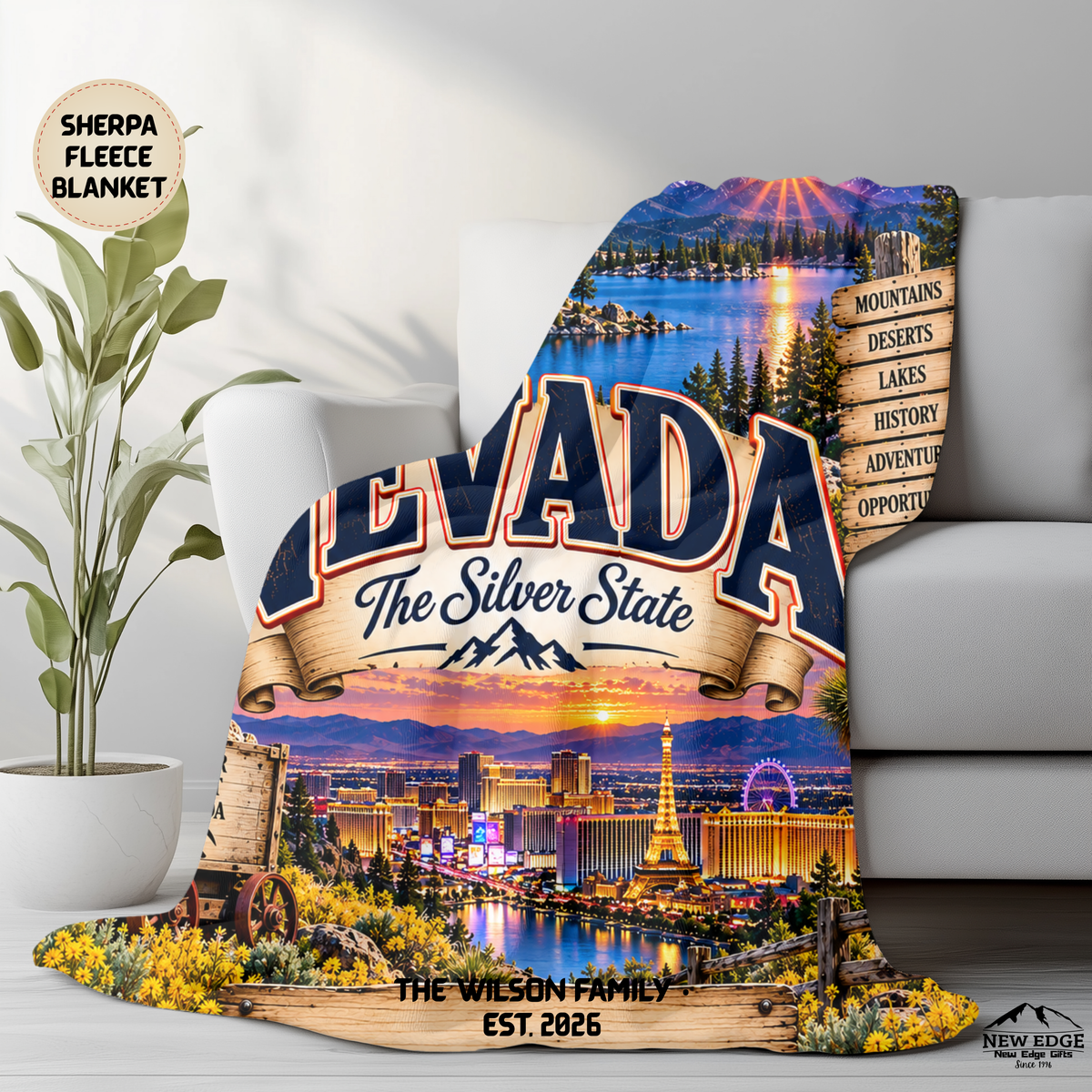 Nevada Personalized Sherpa Fleece Blanket, Silver State Desert Adventure Landmarks Custom Family Name Gift