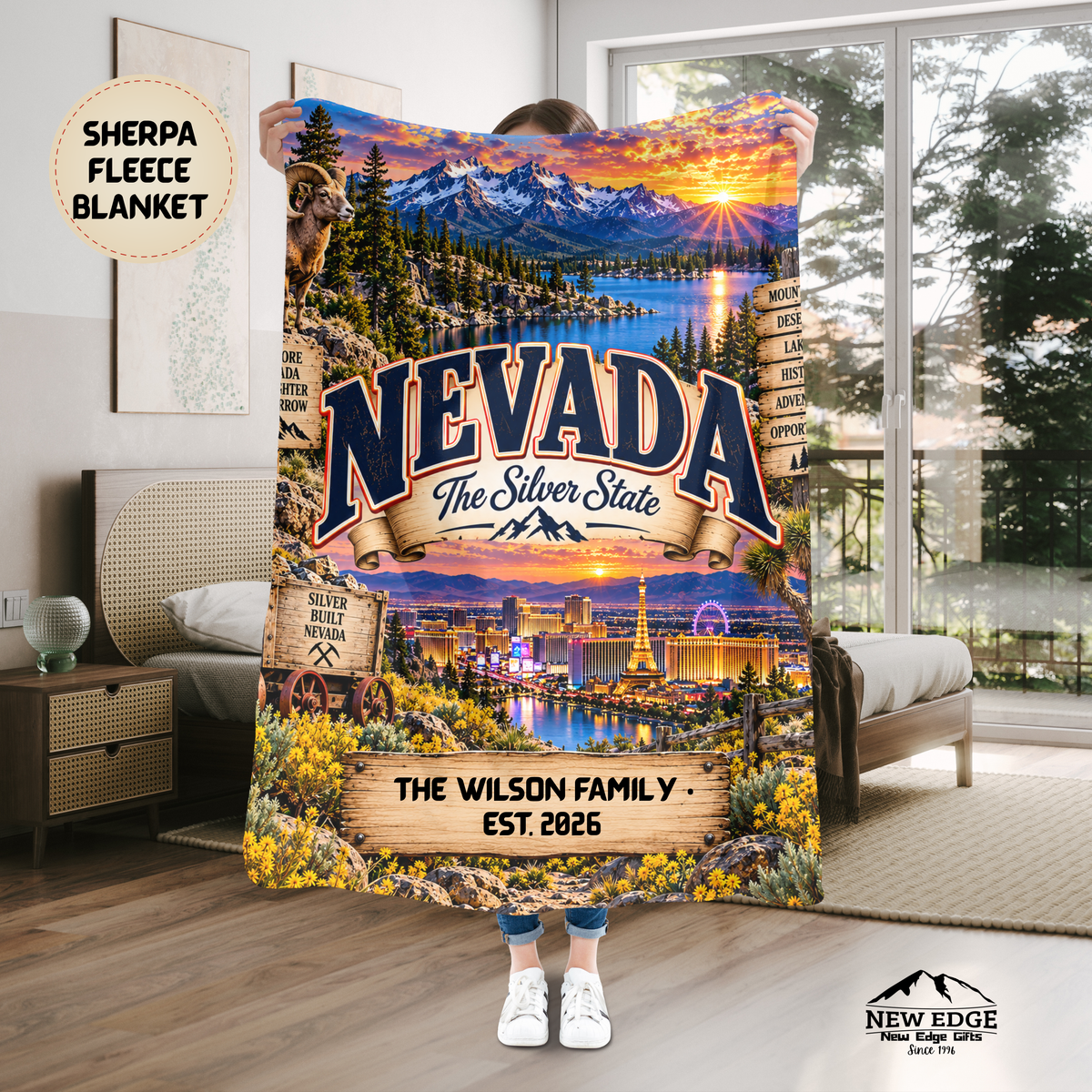 Nevada Personalized Sherpa Fleece Blanket, Silver State Desert Adventure Landmarks Custom Family Name Gift