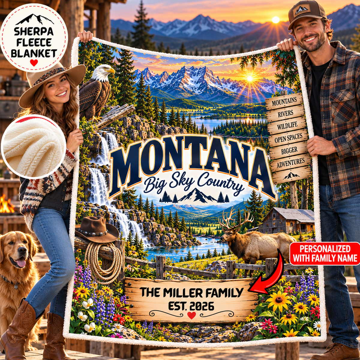 Montana Personalized Sherpa Fleece Blanket, Big Sky Country Mountain Adventure Custom Family Name Gift