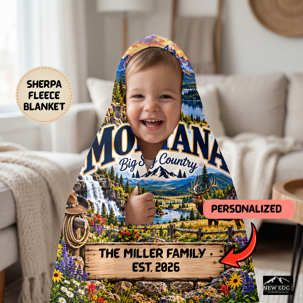 Montana Personalized Sherpa Fleece Blanket, Big Sky Country Mountain Adventure Custom Family Name Gift