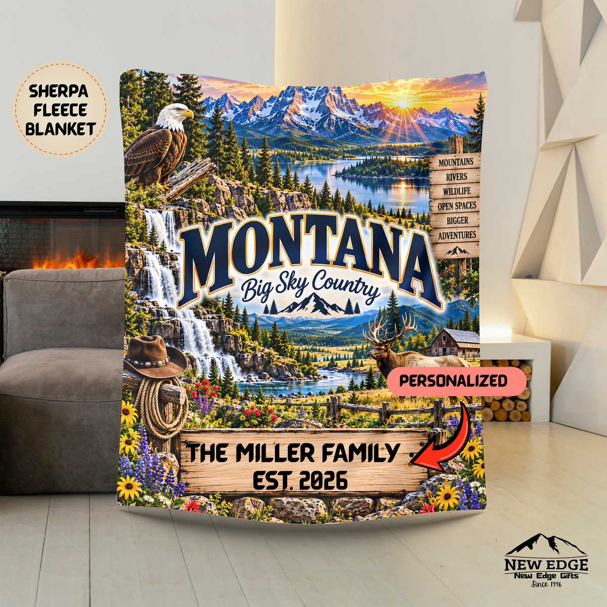 Montana Personalized Sherpa Fleece Blanket, Big Sky Country Mountain Adventure Custom Family Name Gift
