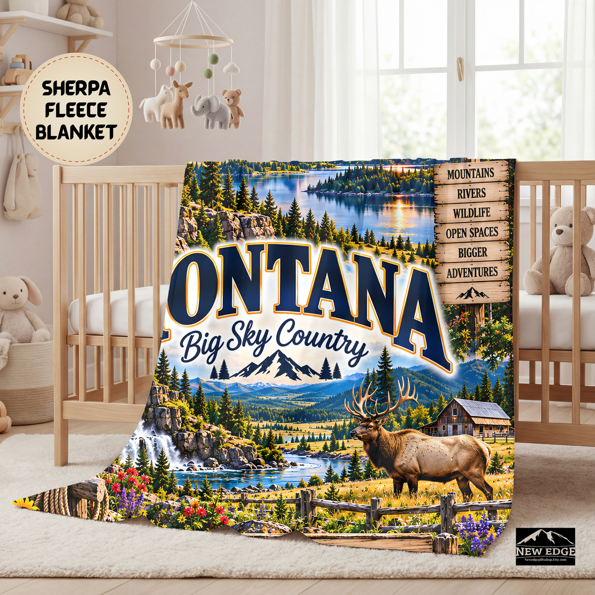 Montana Personalized Sherpa Fleece Blanket, Big Sky Country Mountain Adventure Custom Family Name Gift