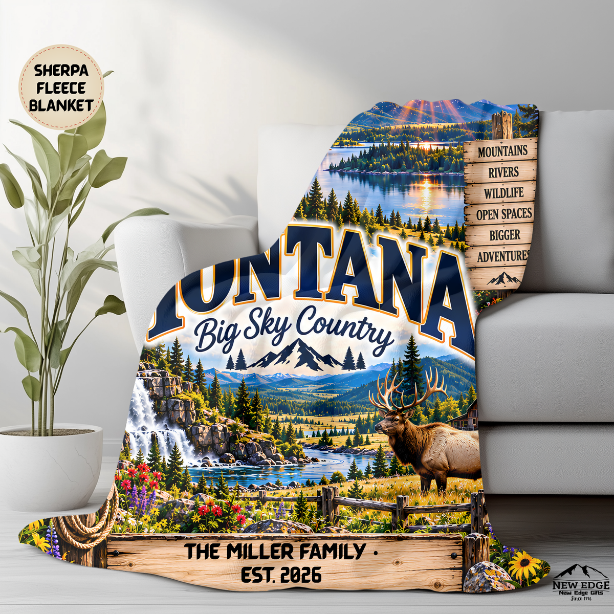 Montana Personalized Sherpa Fleece Blanket, Big Sky Country Mountain Adventure Custom Family Name Gift