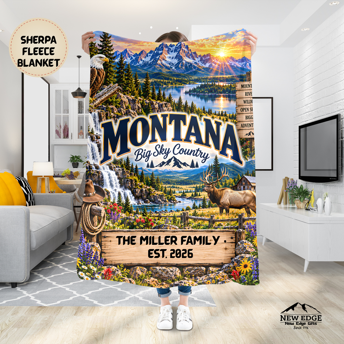 Montana Personalized Sherpa Fleece Blanket, Big Sky Country Mountain Adventure Custom Family Name Gift