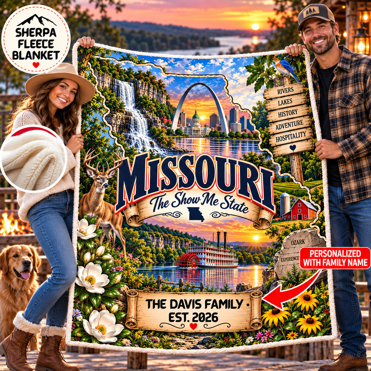 Missouri Personalized Sherpa Fleece Blanket, Show Me State Ozark Adventure Landmarks Custom Family Name