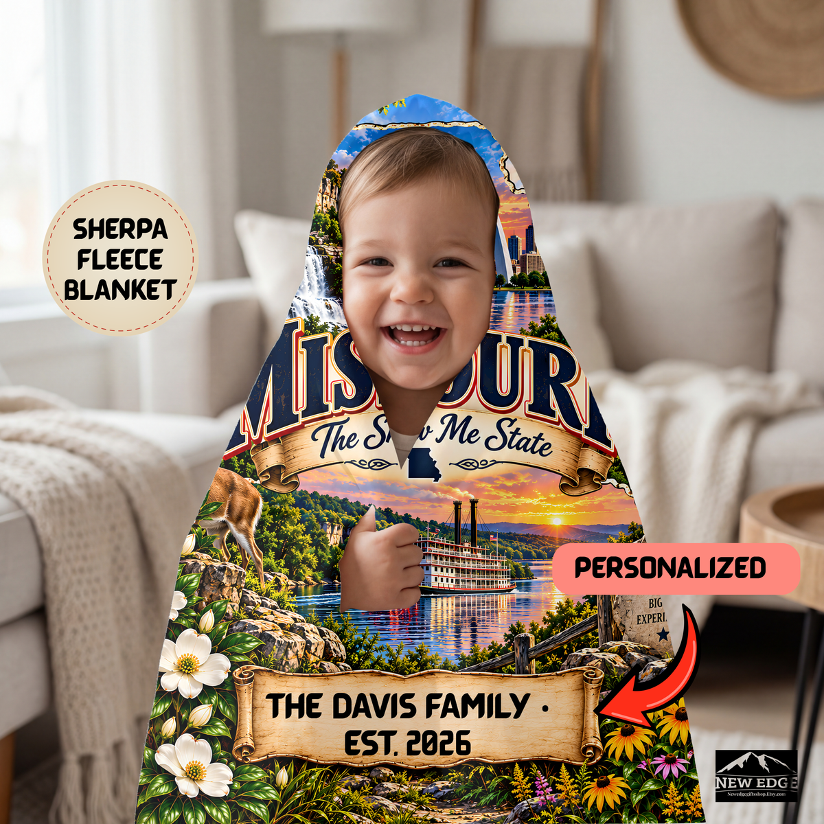 Missouri Personalized Sherpa Fleece Blanket, Show Me State Ozark Adventure Landmarks Custom Family Name