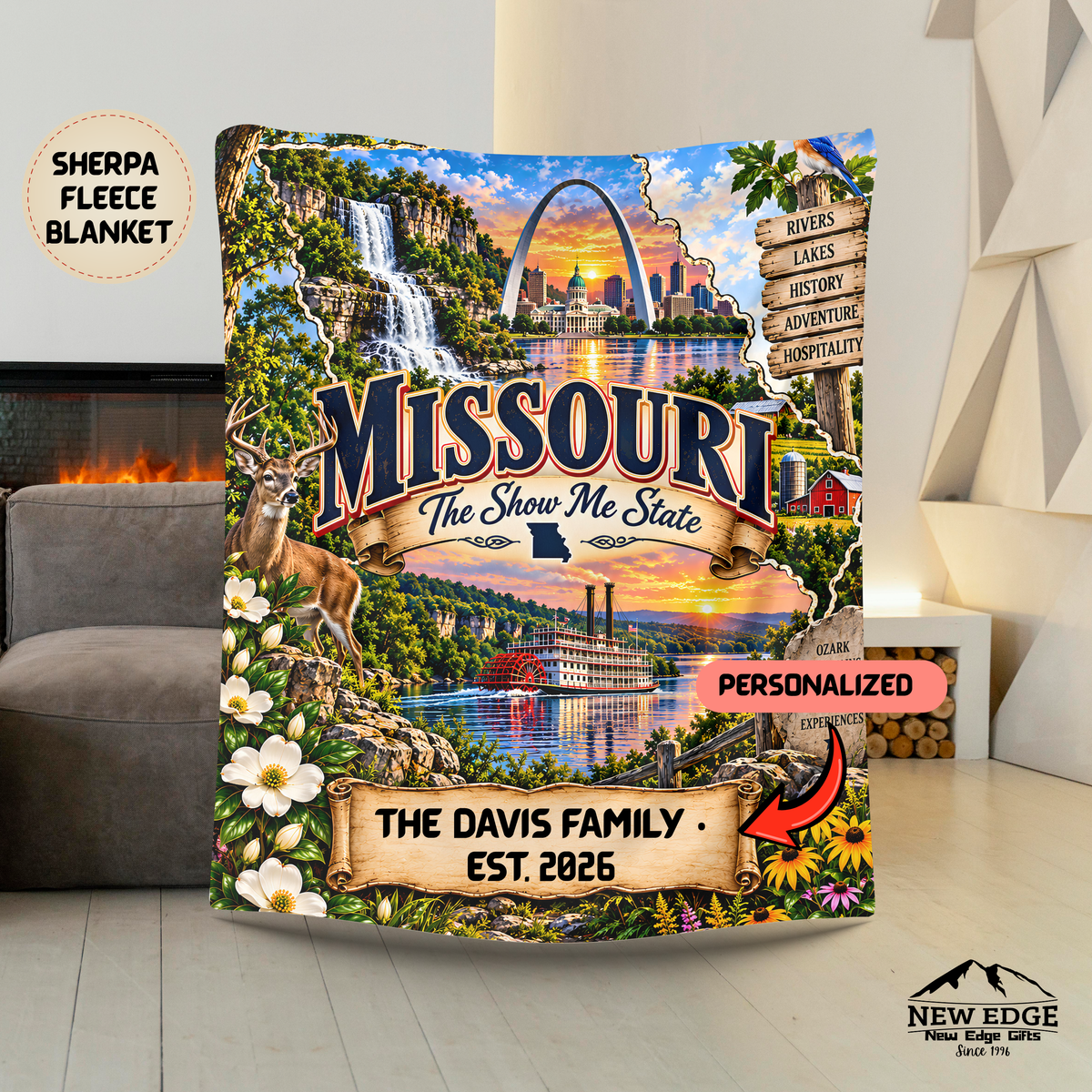 Missouri Personalized Sherpa Fleece Blanket, Show Me State Ozark Adventure Landmarks Custom Family Name