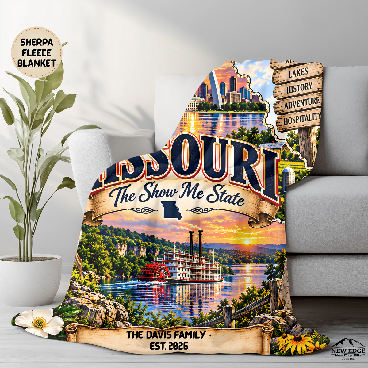 Missouri Personalized Sherpa Fleece Blanket, Show Me State Ozark Adventure Landmarks Custom Family Name