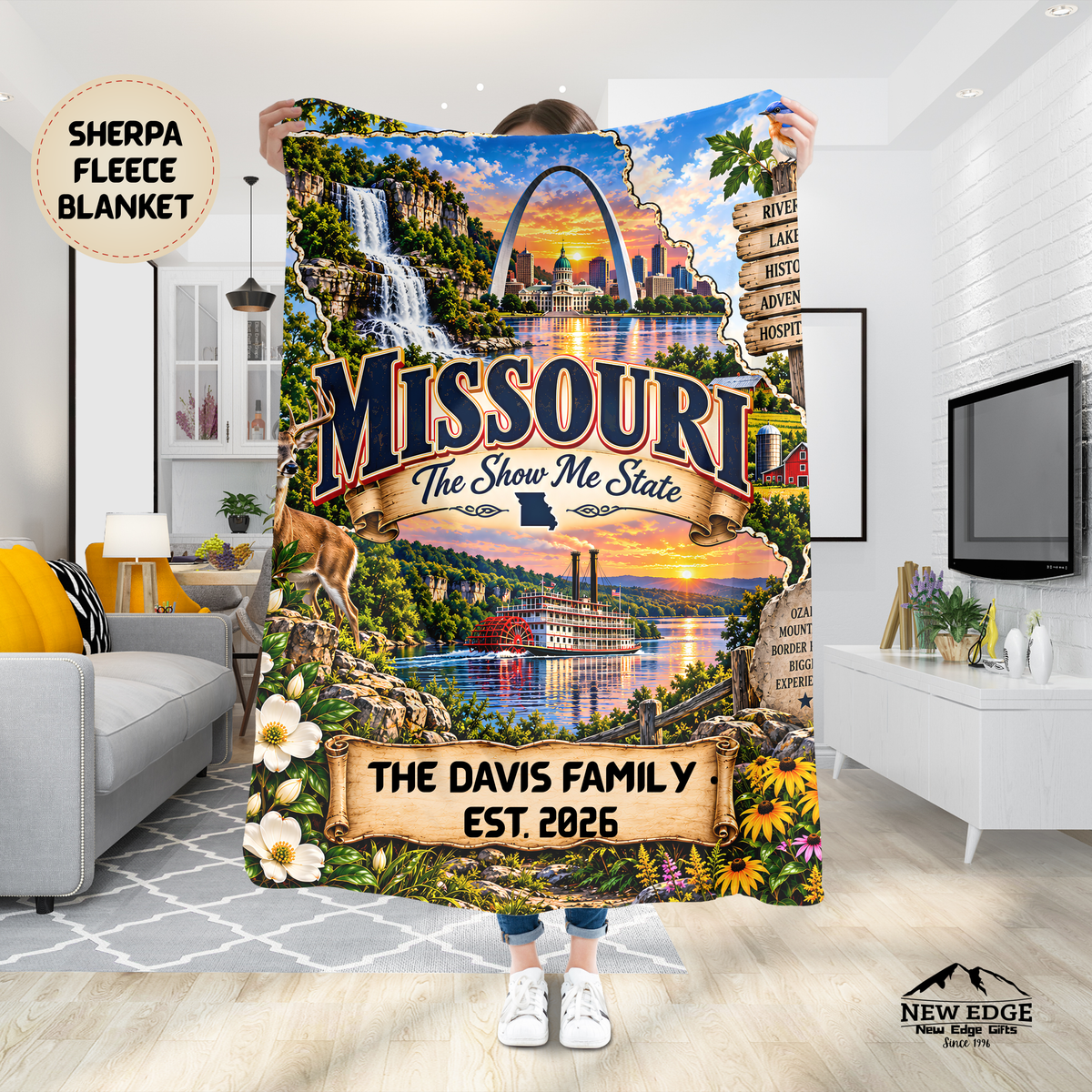 Missouri Personalized Sherpa Fleece Blanket, Show Me State Ozark Adventure Landmarks Custom Family Name