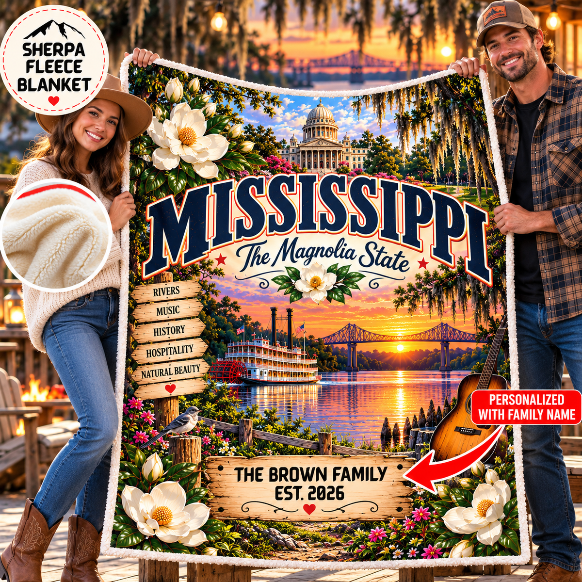 Mississippi Personalized Sherpa Fleece Blanket, Magnolia State Southern Roots Landmarks Custom Family Name Gift