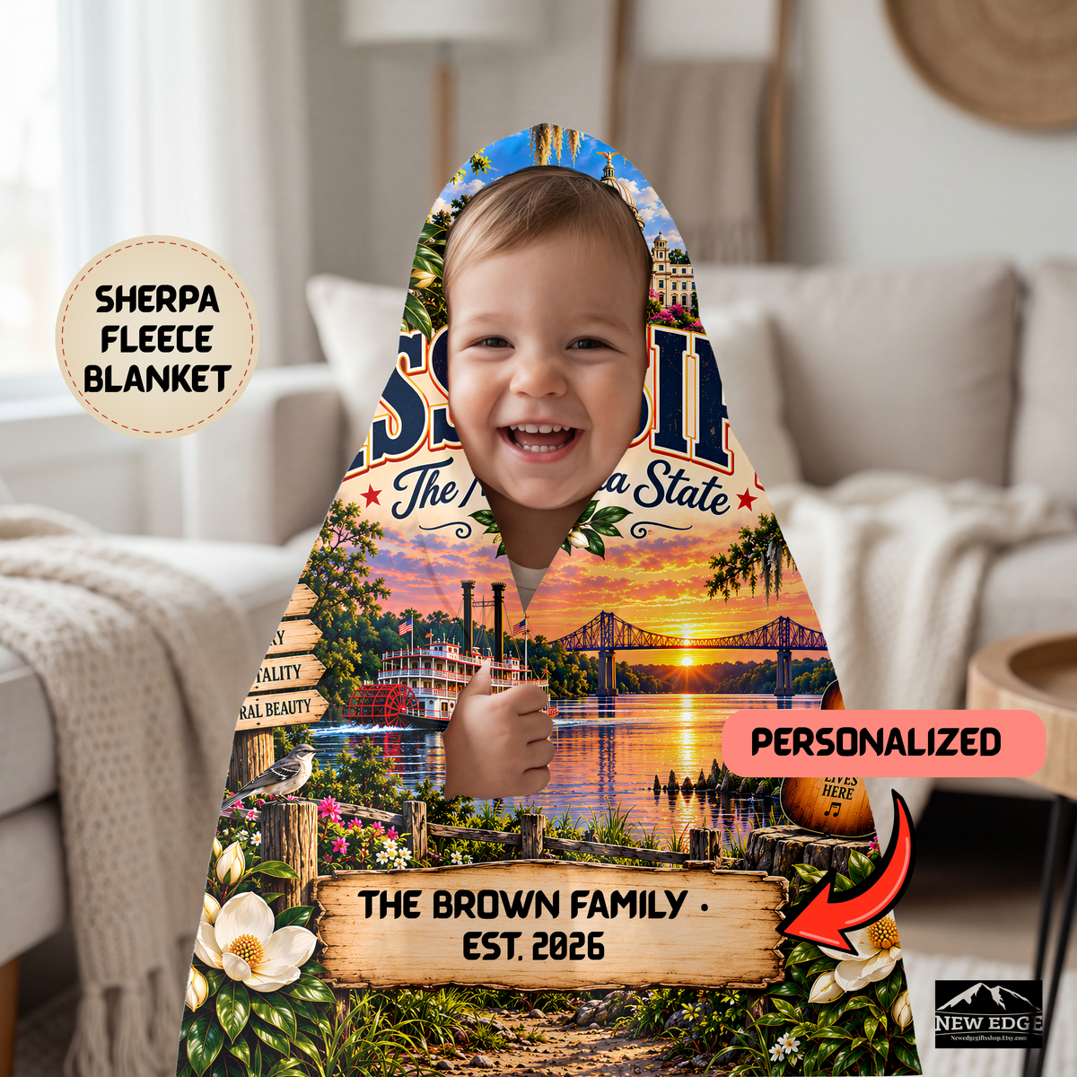 Mississippi Personalized Sherpa Fleece Blanket, Magnolia State Southern Roots Landmarks Custom Family Name Gift