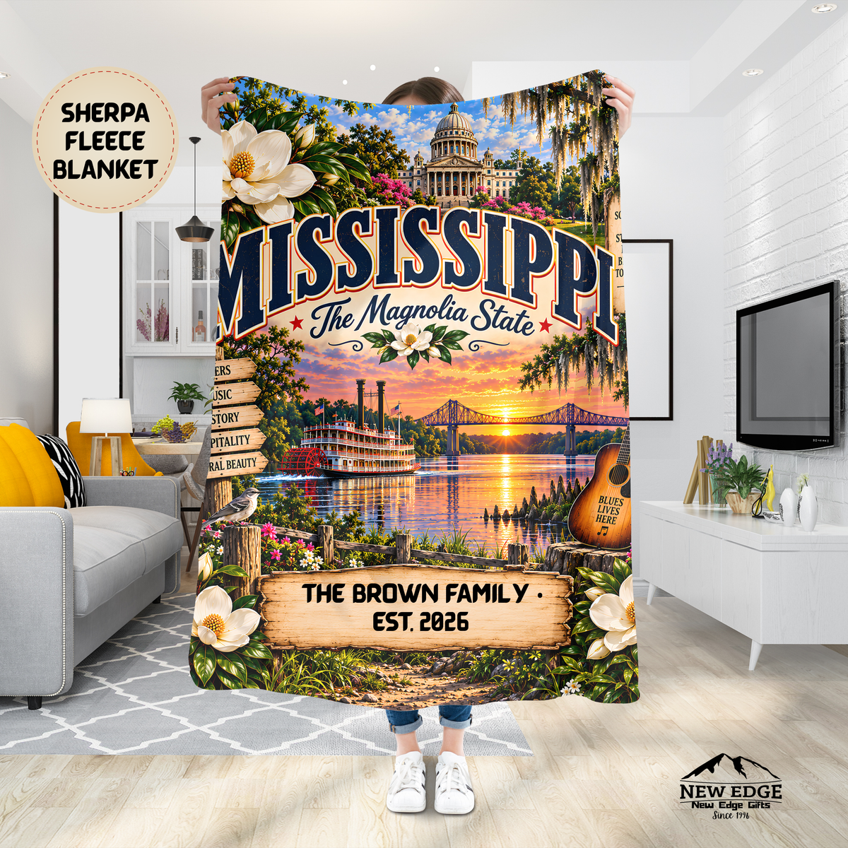 Mississippi Personalized Sherpa Fleece Blanket, Magnolia State Southern Roots Landmarks Custom Family Name Gift
