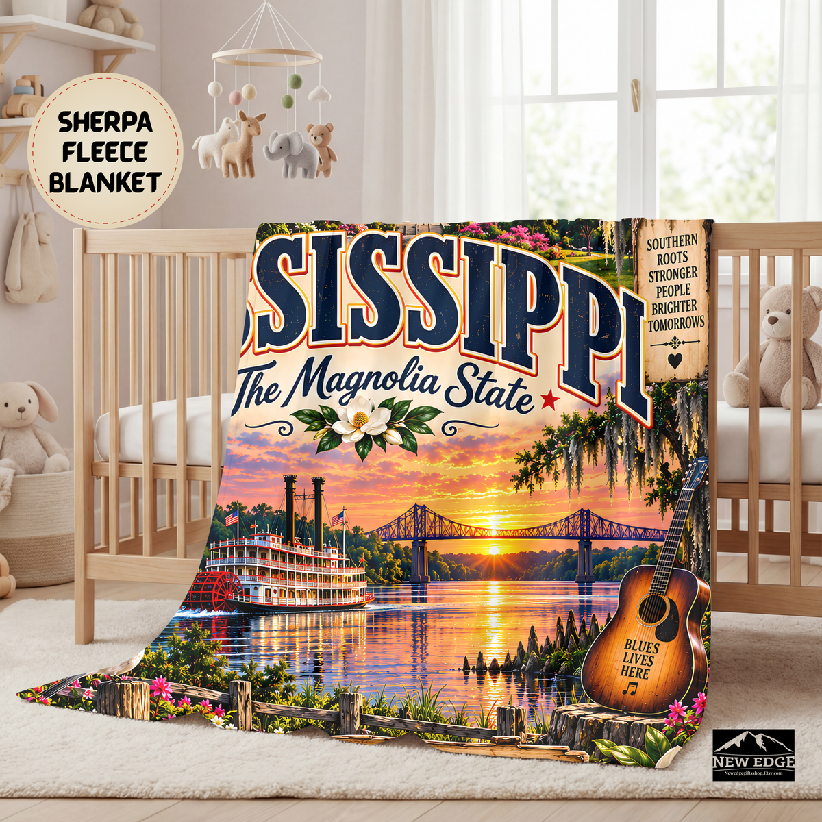 Mississippi Personalized Sherpa Fleece Blanket, Magnolia State Southern Roots Landmarks Custom Family Name Gift