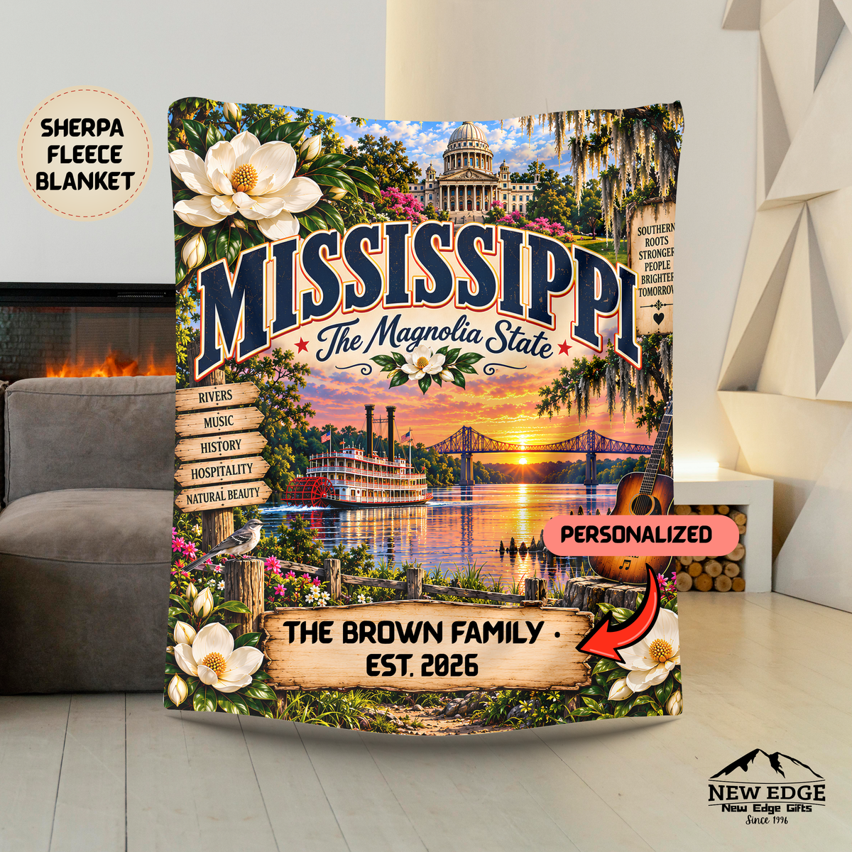 Mississippi Personalized Sherpa Fleece Blanket, Magnolia State Southern Roots Landmarks Custom Family Name Gift