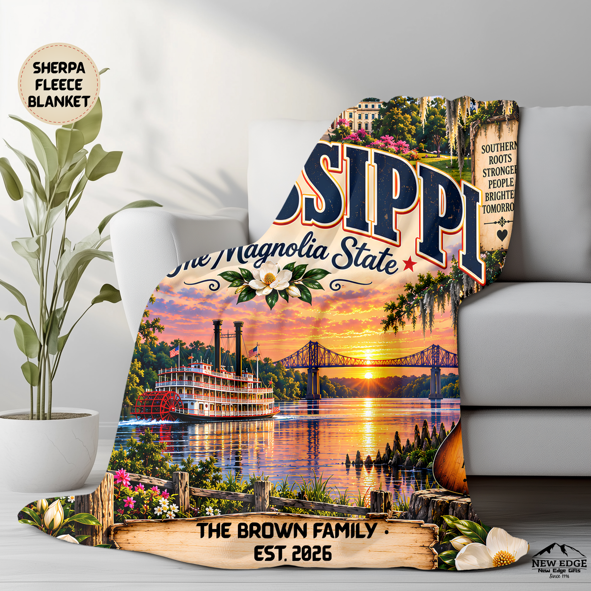Mississippi Personalized Sherpa Fleece Blanket, Magnolia State Southern Roots Landmarks Custom Family Name Gift