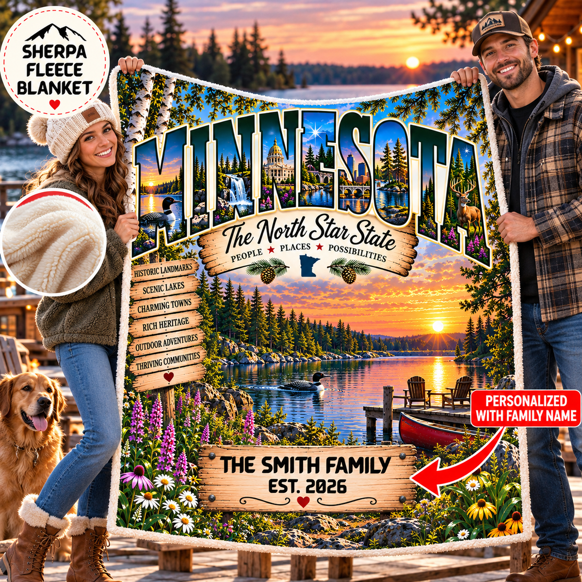 Minnesota Personalized Sherpa Fleece Blanket, North Star State Lakes Northwoods Custom Family Name Gift