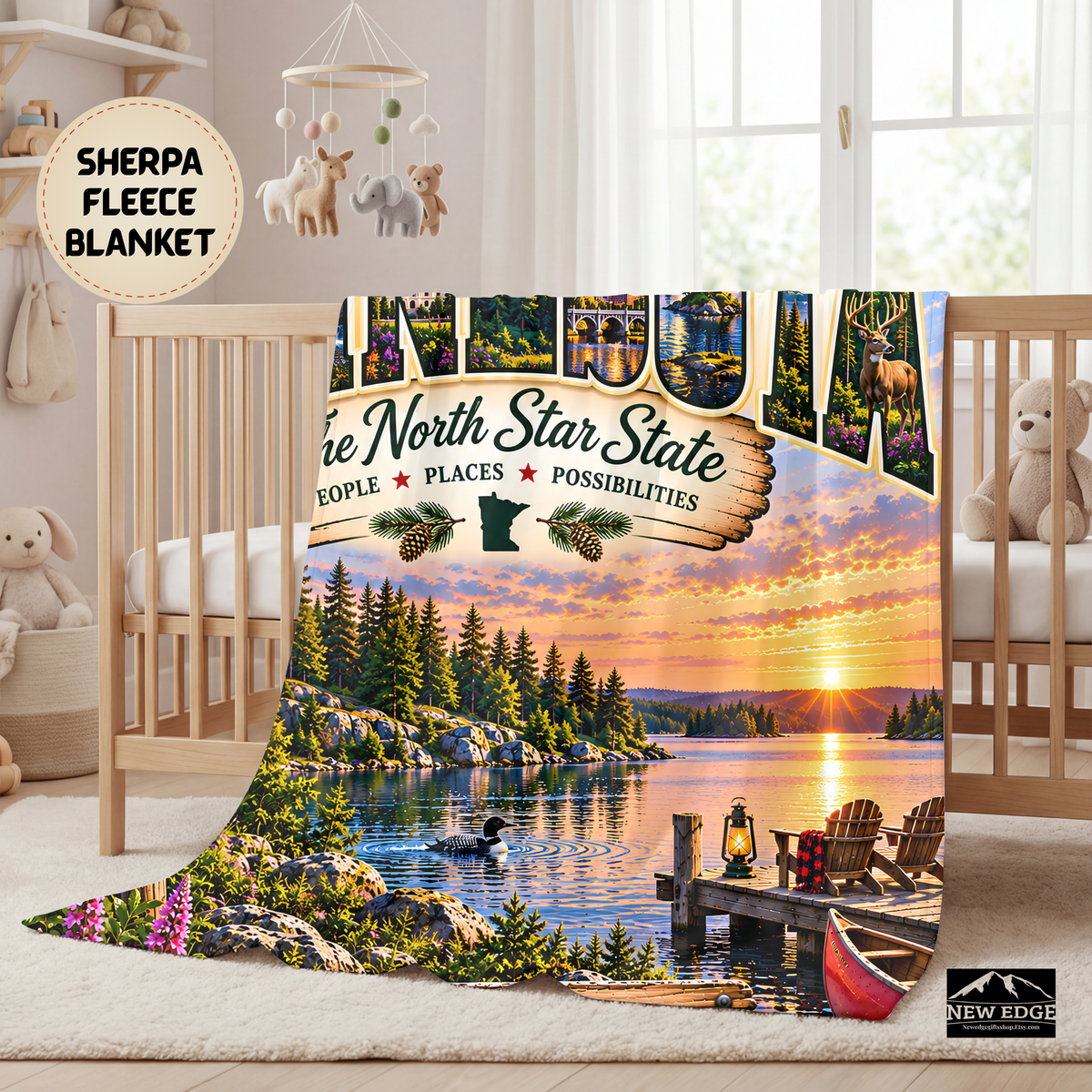 Minnesota Personalized Sherpa Fleece Blanket, North Star State Lakes Northwoods Custom Family Name Gift