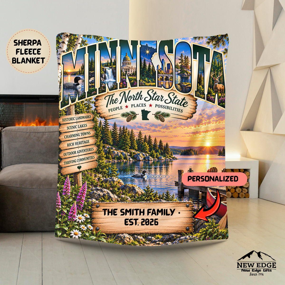 Minnesota Personalized Sherpa Fleece Blanket, North Star State Lakes Northwoods Custom Family Name Gift