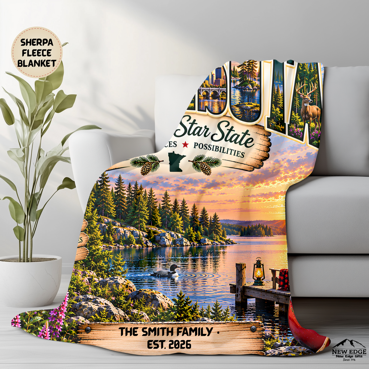 Minnesota Personalized Sherpa Fleece Blanket, North Star State Lakes Northwoods Custom Family Name Gift