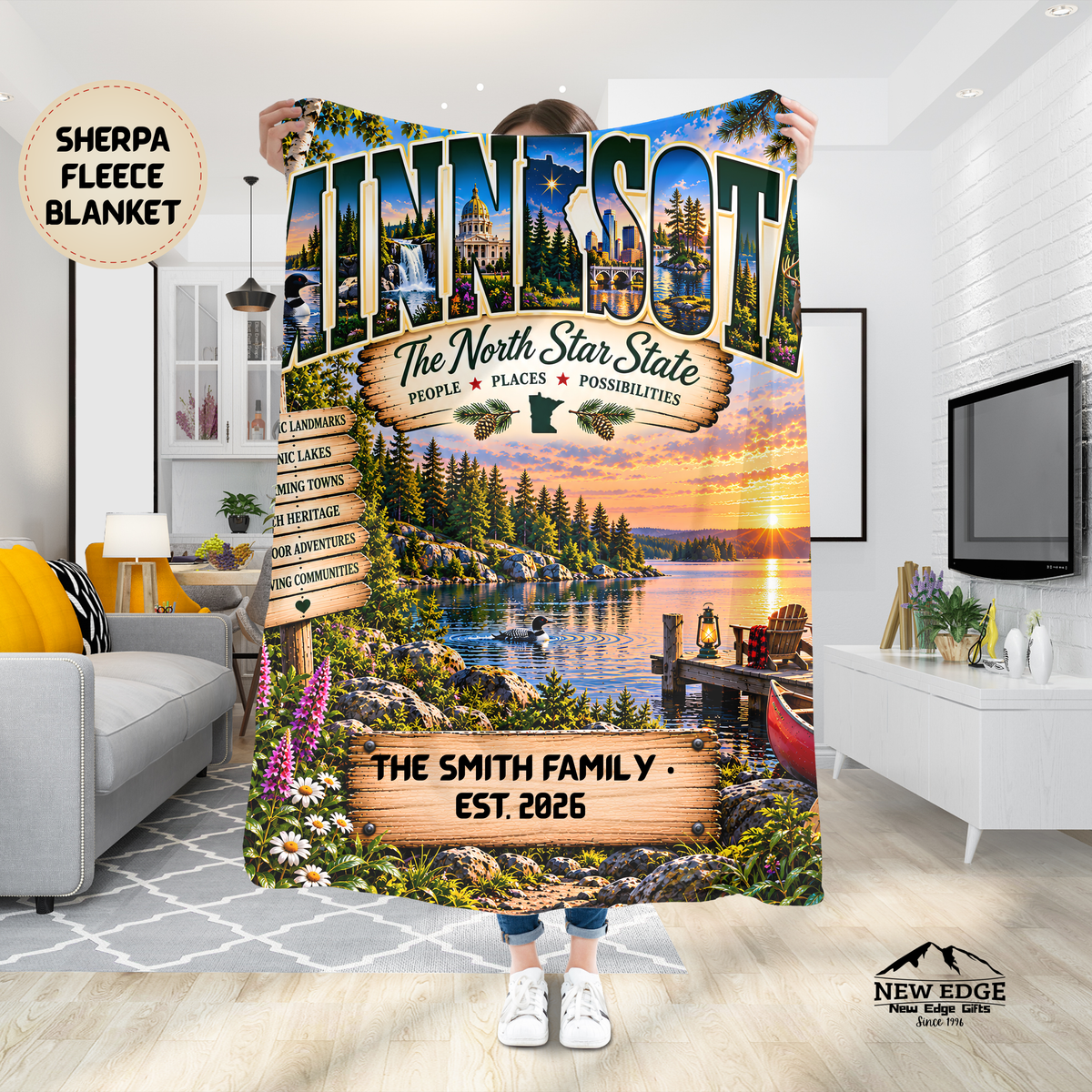 Minnesota Personalized Sherpa Fleece Blanket, North Star State Lakes Northwoods Custom Family Name Gift