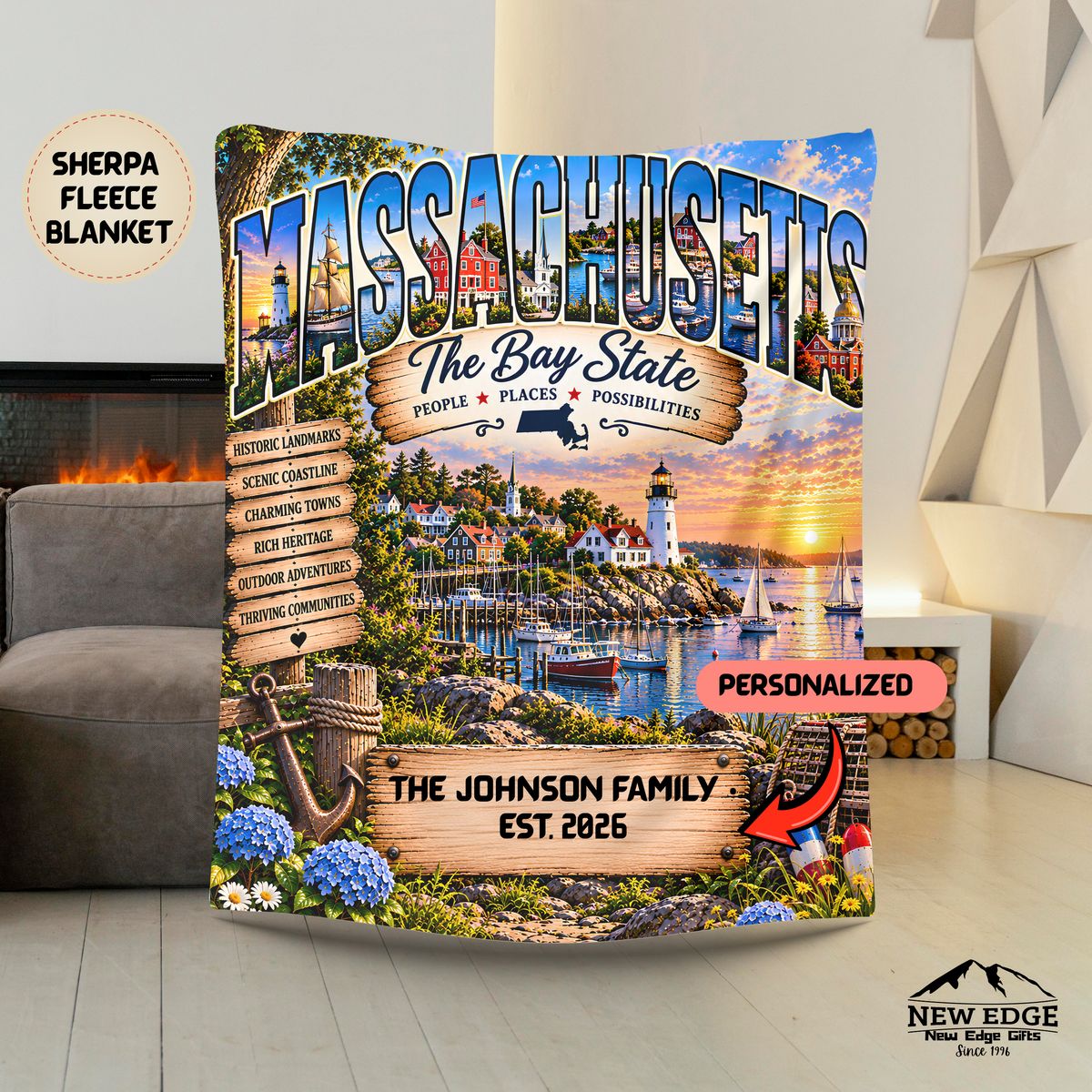 Massachusetts Personalized Sherpa Fleece Blanket, Bay State Lighthouse New England Custom Family Name Gift