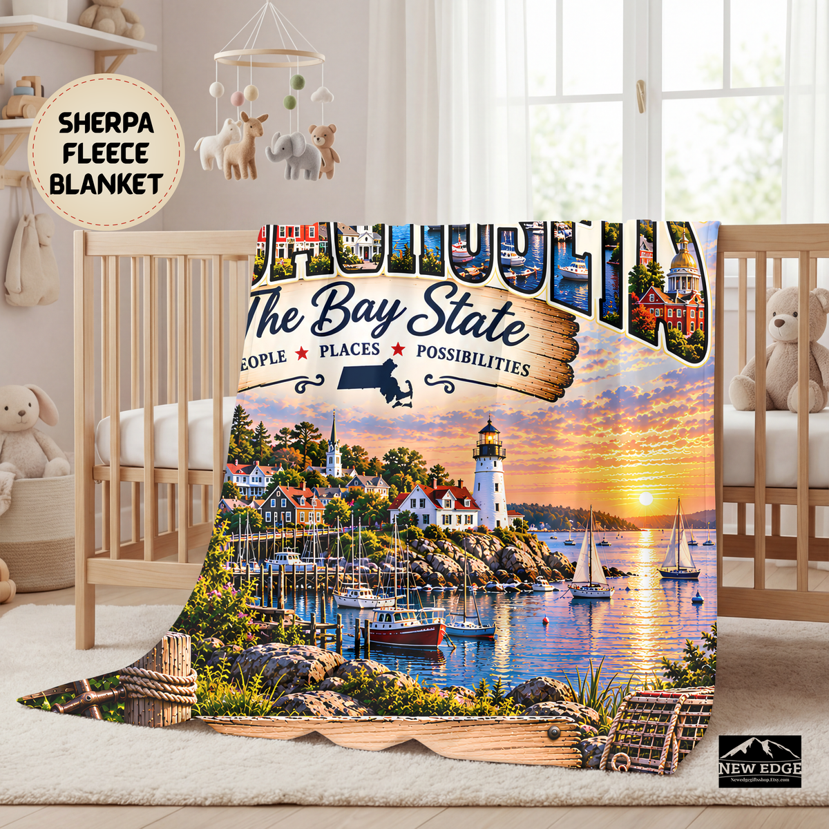 Massachusetts Personalized Sherpa Fleece Blanket, Bay State Lighthouse New England Custom Family Name Gift