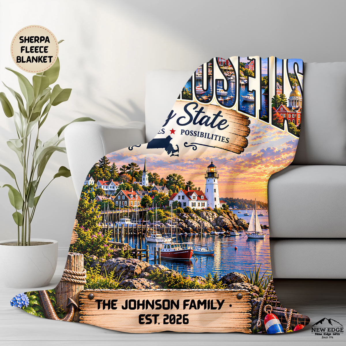 Massachusetts Personalized Sherpa Fleece Blanket, Bay State Lighthouse New England Custom Family Name Gift