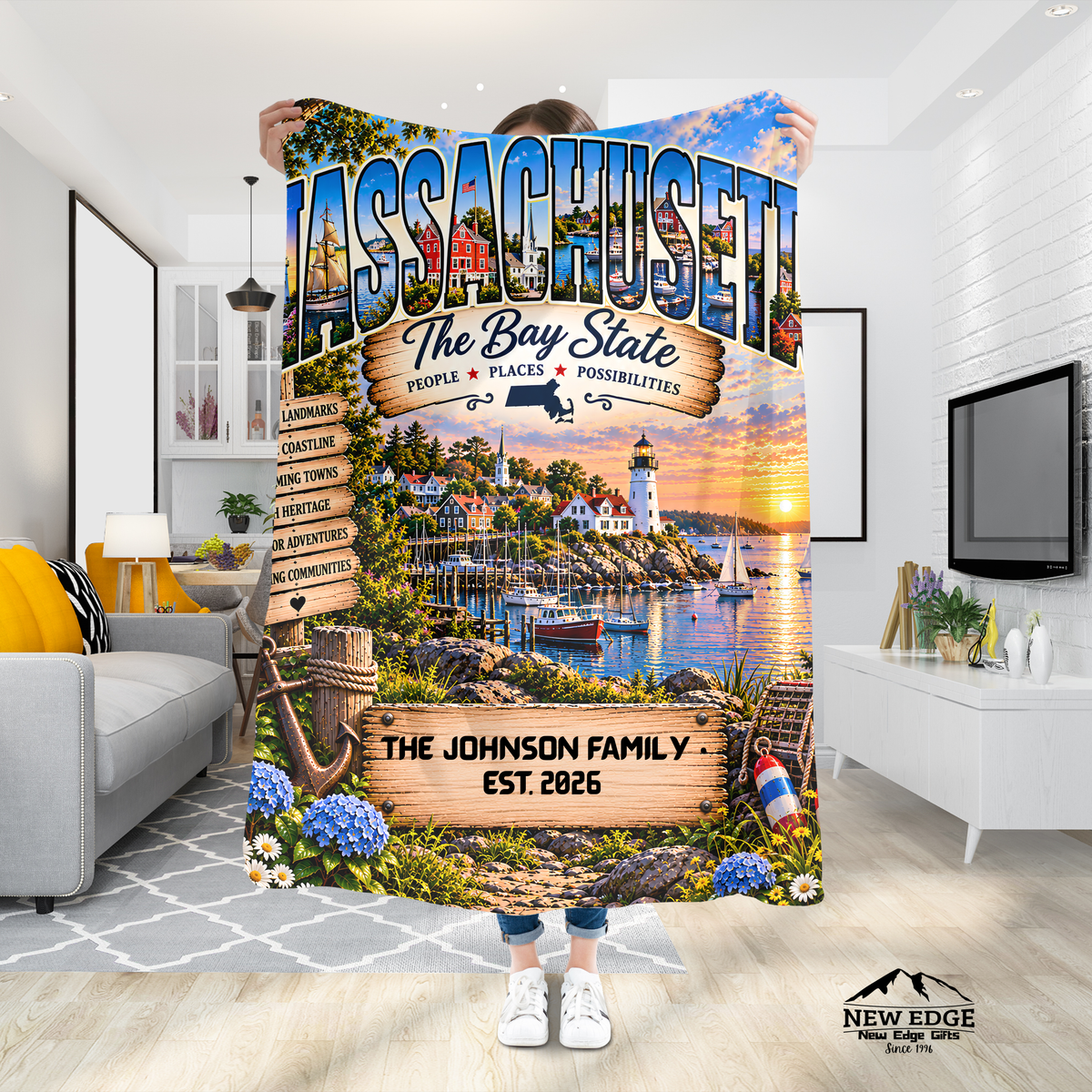 Massachusetts Personalized Sherpa Fleece Blanket, Bay State Lighthouse New England Custom Family Name Gift