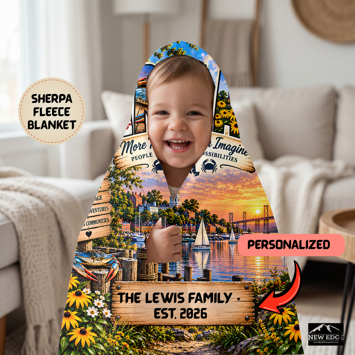 Maryland Personalized Sherpa Fleece Blanket, Chesapeake Bay Coastal Heritage Custom Family Name Gift