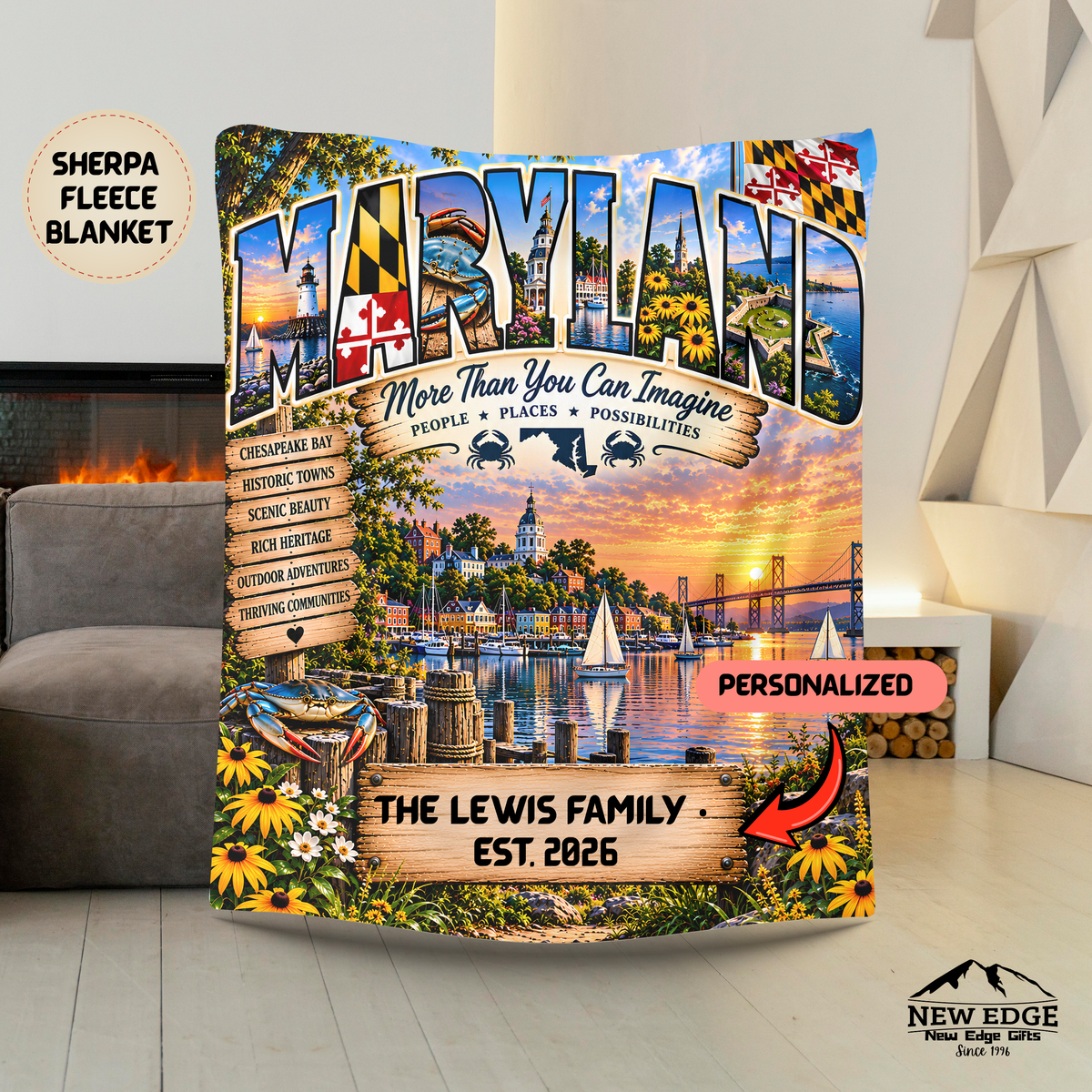 Maryland Personalized Sherpa Fleece Blanket, Chesapeake Bay Coastal Heritage Custom Family Name Gift