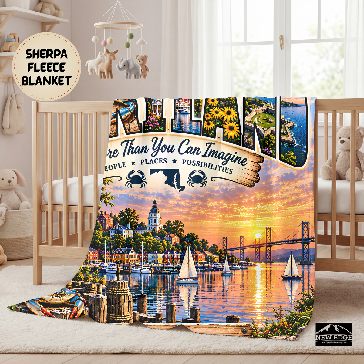 Maryland Personalized Sherpa Fleece Blanket, Chesapeake Bay Coastal Heritage Custom Family Name Gift