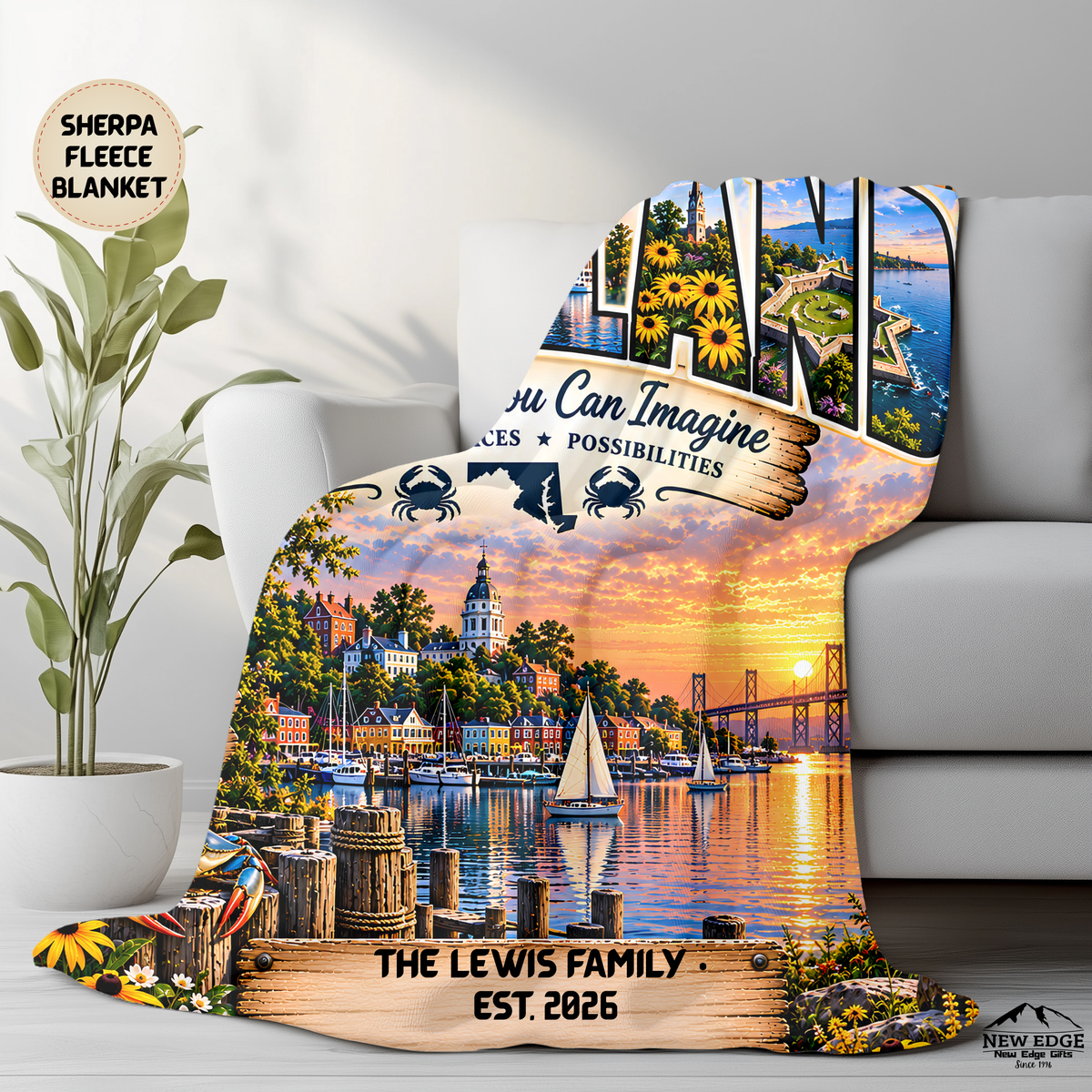 Maryland Personalized Sherpa Fleece Blanket, Chesapeake Bay Coastal Heritage Custom Family Name Gift