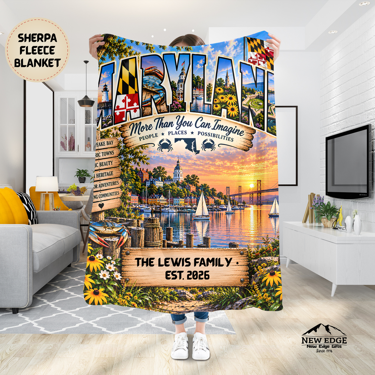 Maryland Personalized Sherpa Fleece Blanket, Chesapeake Bay Coastal Heritage Custom Family Name Gift