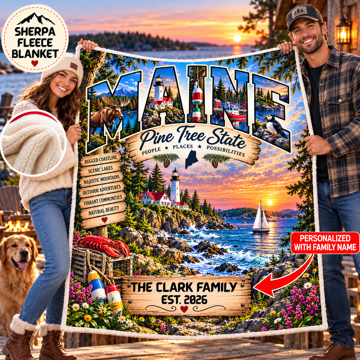 Maine Personalized Sherpa Fleece Blanket, Pine Tree State Lighthouse Moose Coastal Custom Family Name Gift