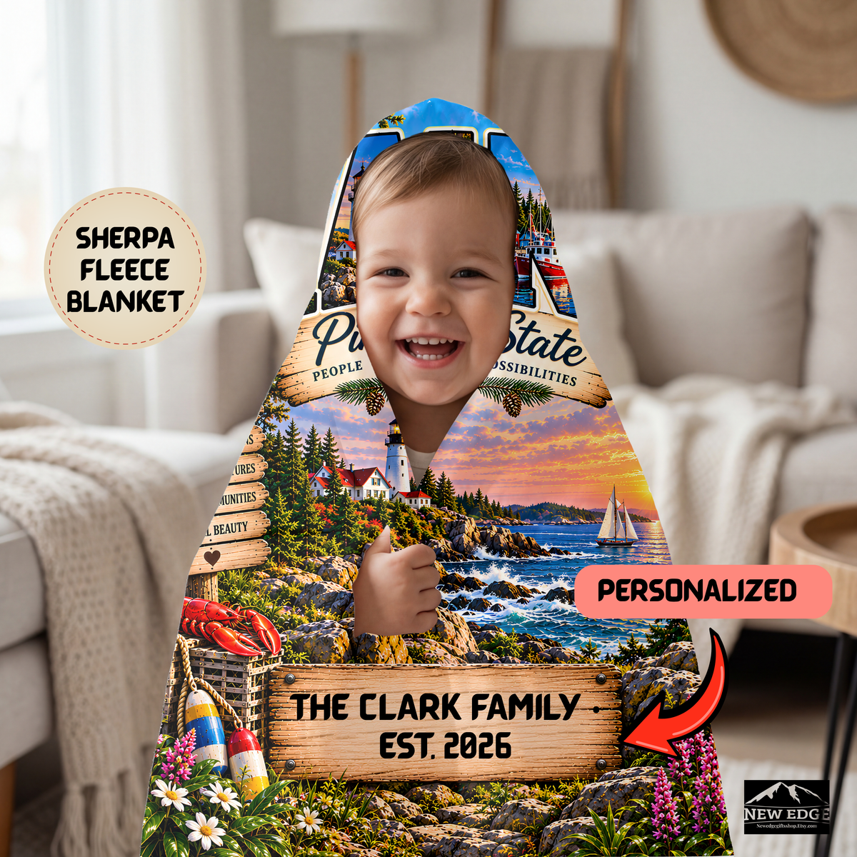 Maine Personalized Sherpa Fleece Blanket, Pine Tree State Lighthouse Moose Coastal Custom Family Name Gift