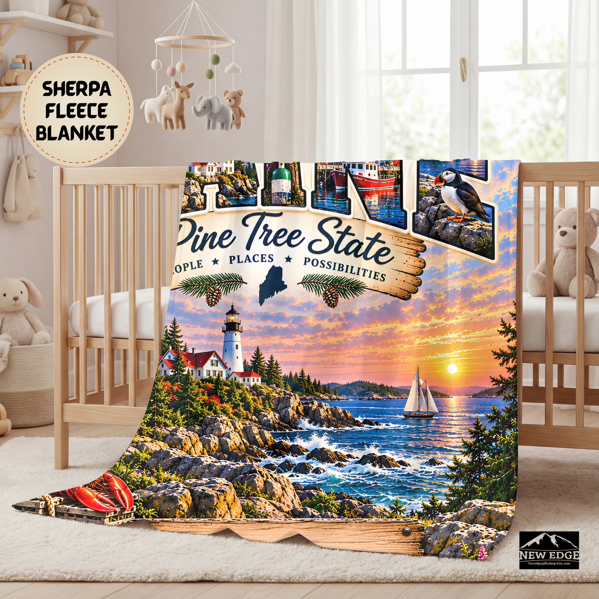 Maine Personalized Sherpa Fleece Blanket, Pine Tree State Lighthouse Moose Coastal Custom Family Name Gift