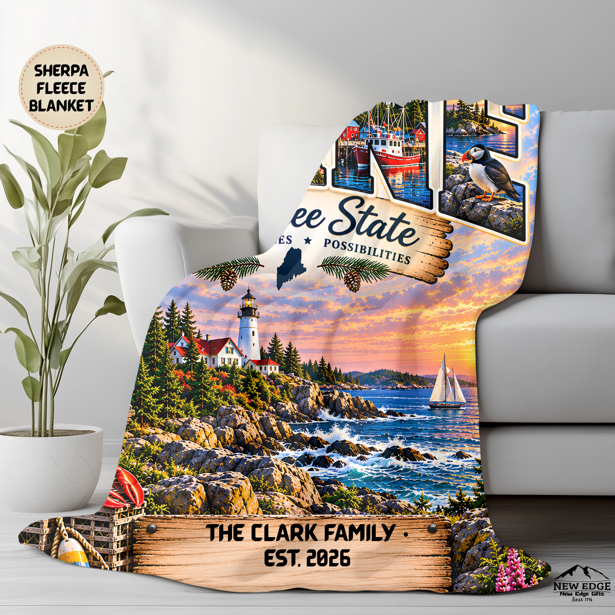 Maine Personalized Sherpa Fleece Blanket, Pine Tree State Lighthouse Moose Coastal Custom Family Name Gift