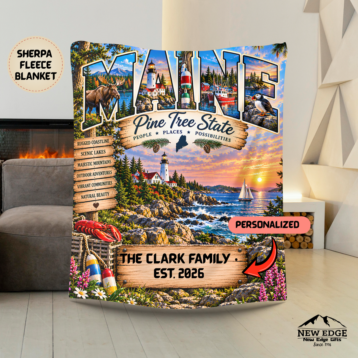 Maine Personalized Sherpa Fleece Blanket, Pine Tree State Lighthouse Moose Coastal Custom Family Name Gift