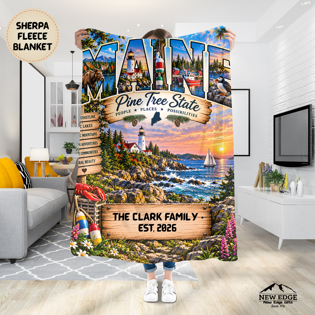Maine Personalized Sherpa Fleece Blanket, Pine Tree State Lighthouse Moose Coastal Custom Family Name Gift