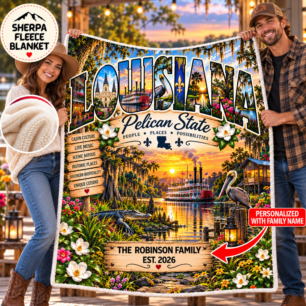 Louisiana Personalized Sherpa Fleece Blanket, Pelican State Cajun Bayou New Orleans Custom Family Name