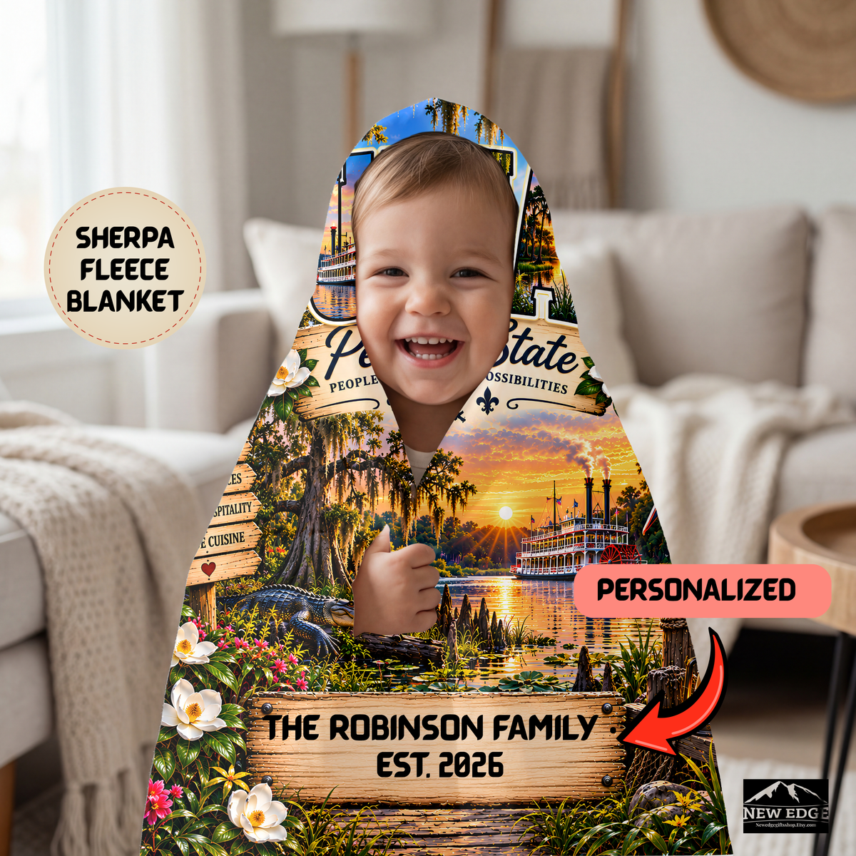 Louisiana Personalized Sherpa Fleece Blanket, Pelican State Cajun Bayou New Orleans Custom Family Name