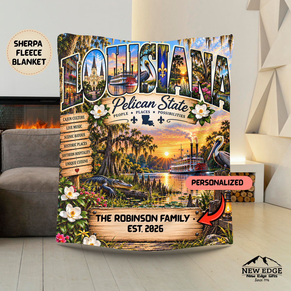 Louisiana Personalized Sherpa Fleece Blanket, Pelican State Cajun Bayou New Orleans Custom Family Name