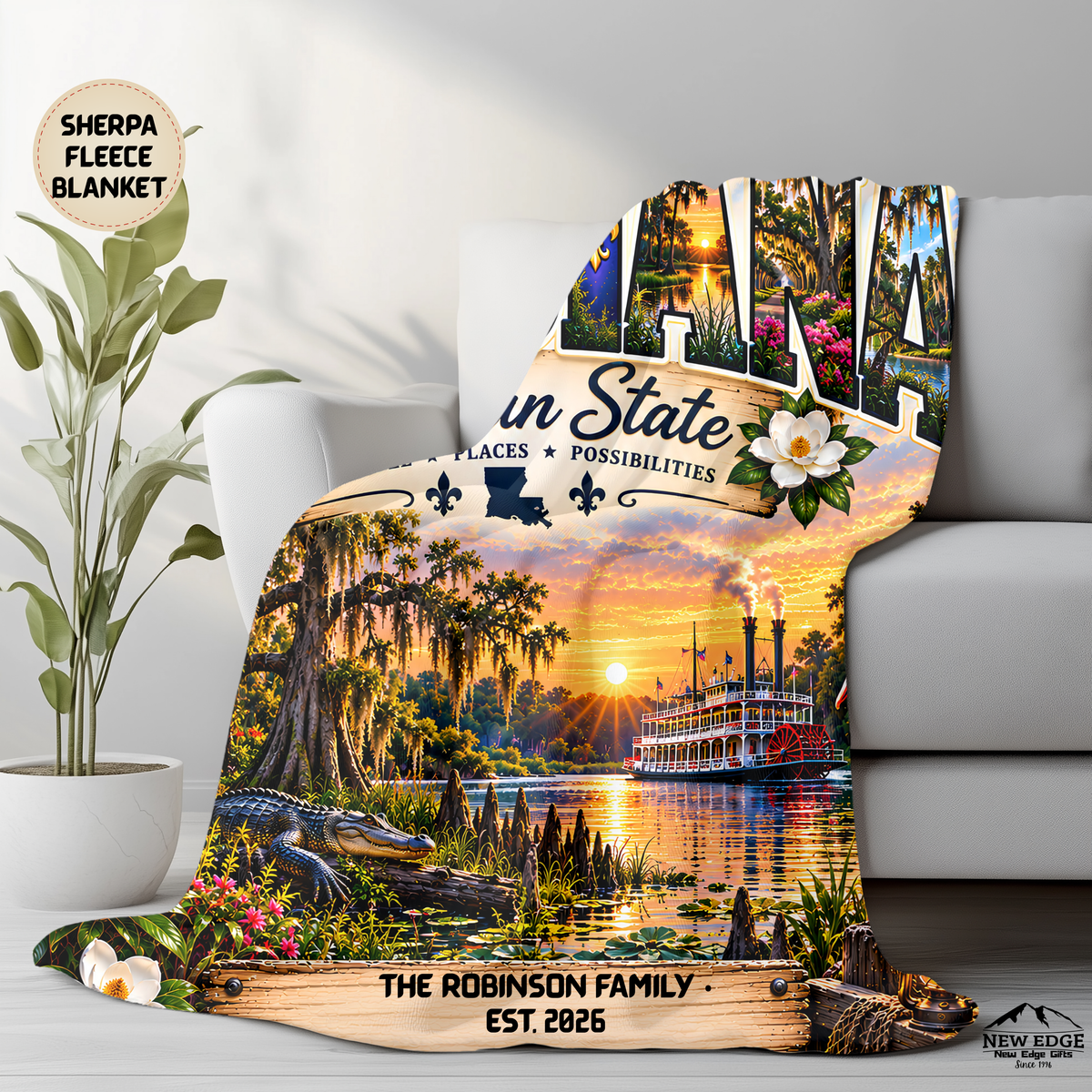 Louisiana Personalized Sherpa Fleece Blanket, Pelican State Cajun Bayou New Orleans Custom Family Name