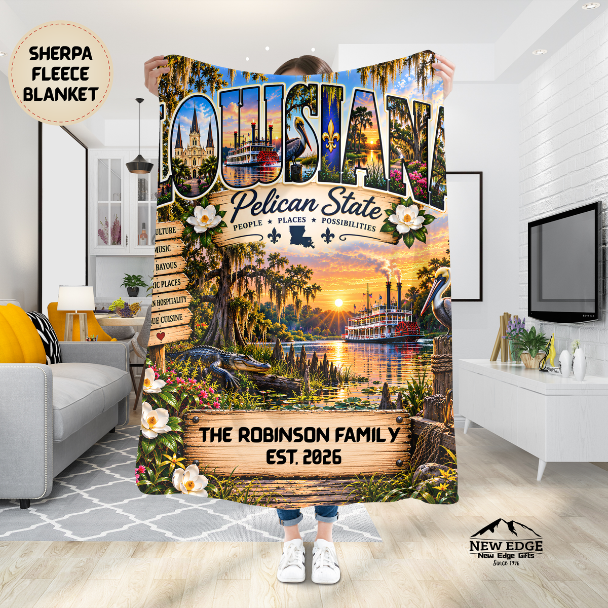 Louisiana Personalized Sherpa Fleece Blanket, Pelican State Cajun Bayou New Orleans Custom Family Name